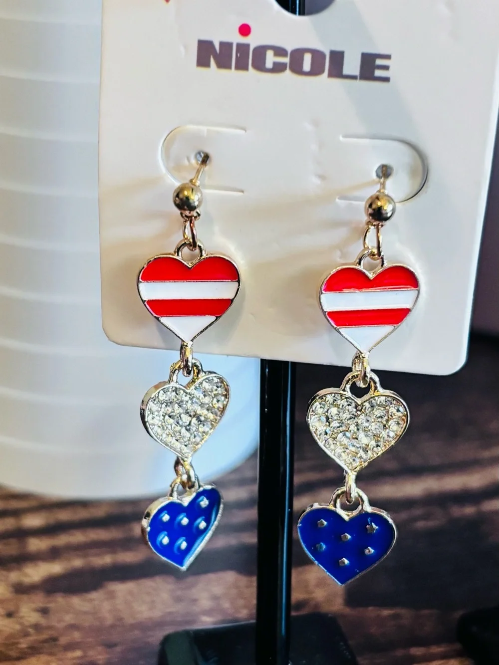 Nicole Red, White & Blue Triple Heart Drop Earrings in Silver Tone